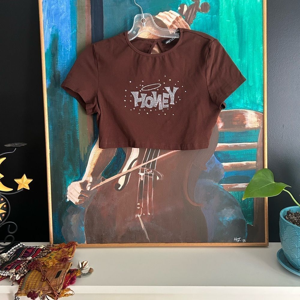 SHEIN Brown Crop Top with Rhinestone 'Honey' Design L - Picture 13 of 16